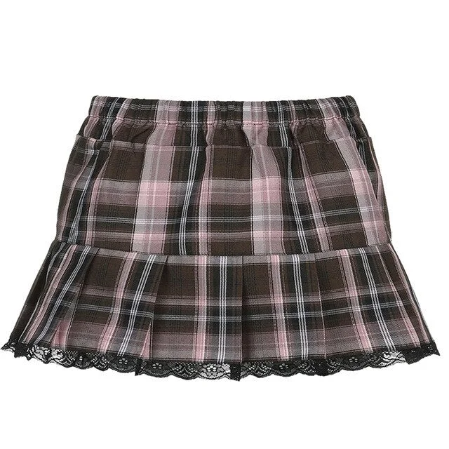 Black Goth Aesthetic Pleated Skirts Women Lace Low Waist Mini Skirt Punk Dark Y2K Dance Streetwear Ladies Sexy Short Skirt 2021