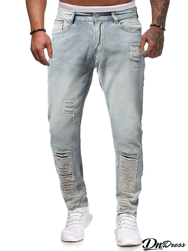 Men's Trendy Ripped Mid Waist Light Blue Denim Pencil Pants