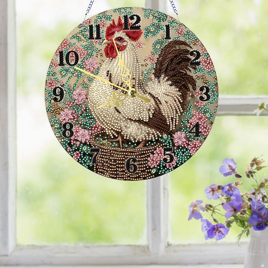Rooster 2D Flat DIY Acrylic Diamonds Painting Clocks for Living Room Decoration