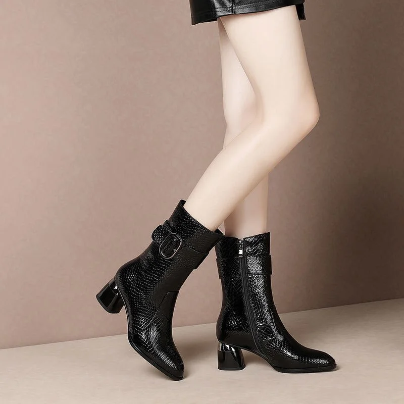 Fall/Winter Mid Calf Boots Woman 2021 5.5cm Heel Short Boots Women's Winter Shoes Plush Booties Zip Buckle for Female Black Blue