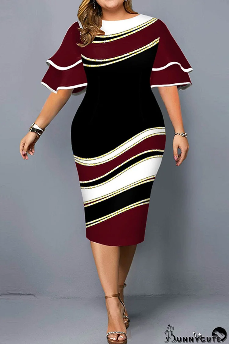 Burgundy Fashion Casual Plus Size Print Patchwork O Neck Short Sleeve Dress