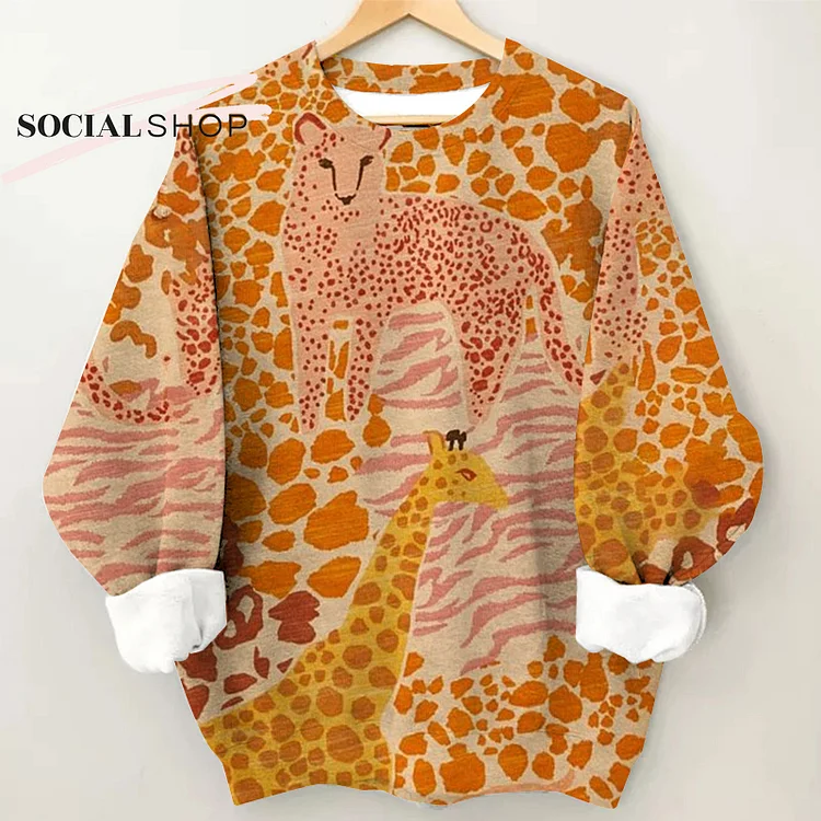 Safari Elegance: Cheetah and Giraffe Patchwork Leopard Print Long Sleeve Round Neck Stylish Top socialshop