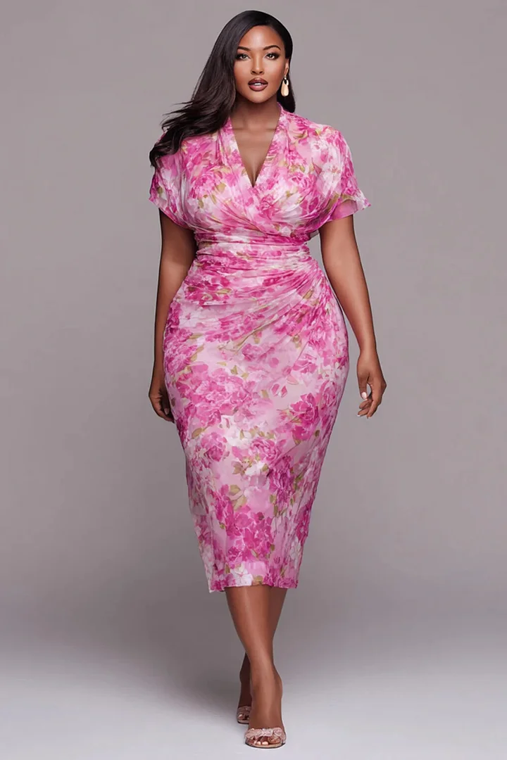 Xpluswear Design Plus Size Cocktail Party Pink Floral Cowl Neck Short Sleeve Fold Bodycon Tulle Midi Dresses 2024 - Xpluswear