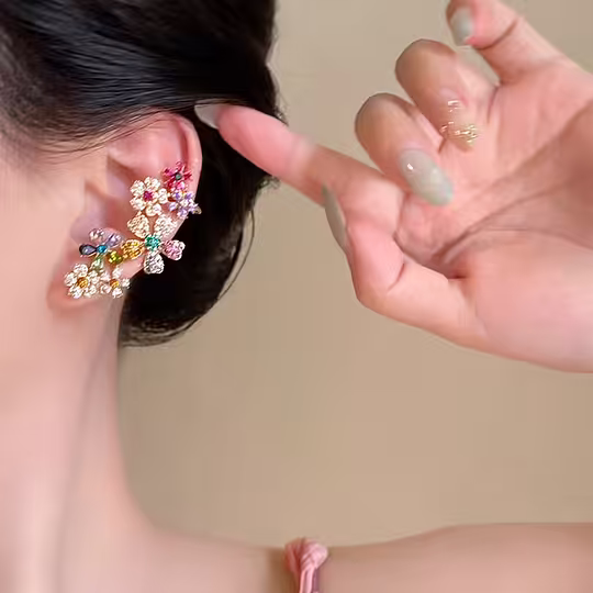 1对时尚彩色派对花朵设计，人造玻璃镶嵌，高端感，小众设计，独特美观，夸张优雅气质女士度假/舞会耳骨夹，全耳环 商品详情 4
