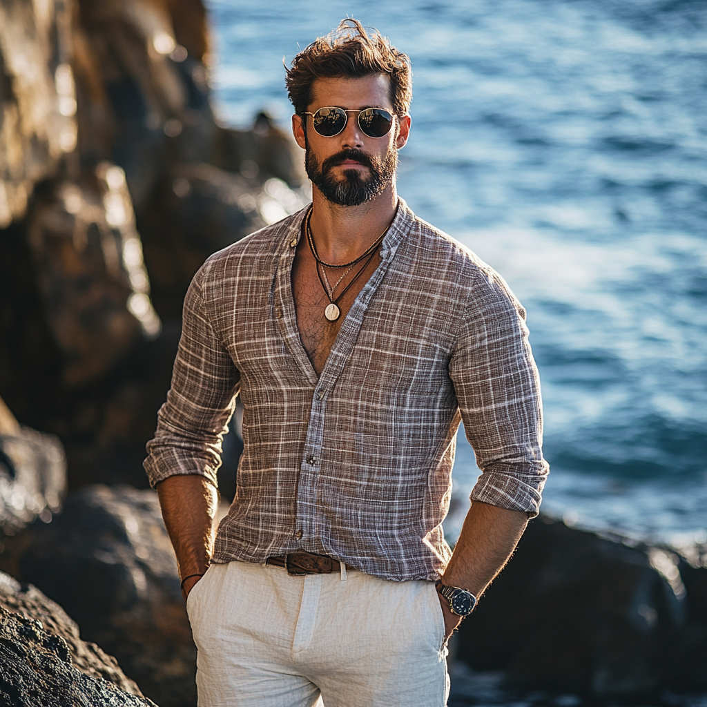 Holiday Bohemian Beach Men's Linen Casual Long Sleeve Shirt Top-inspireuse