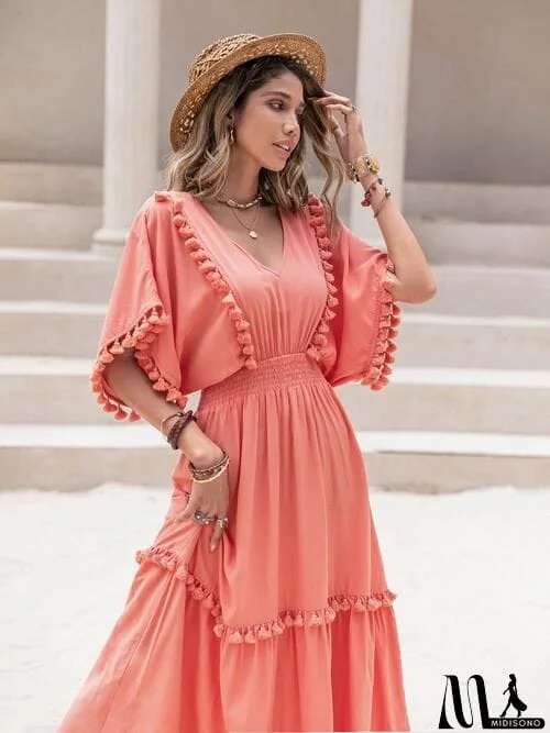 Tassel Trim Smocked V-Neck Short Sleeve Dress