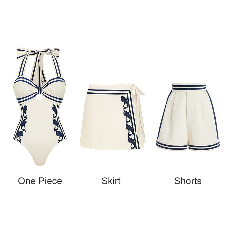 Navy Style Printed Bow Tie Decor One Piece Swimsuit and Skirt