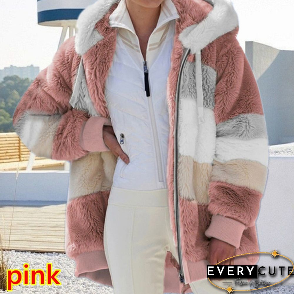 New Winter Womens Fashion Jacket Hooded Warm Plush Loose for Women Patchwork Outerwear