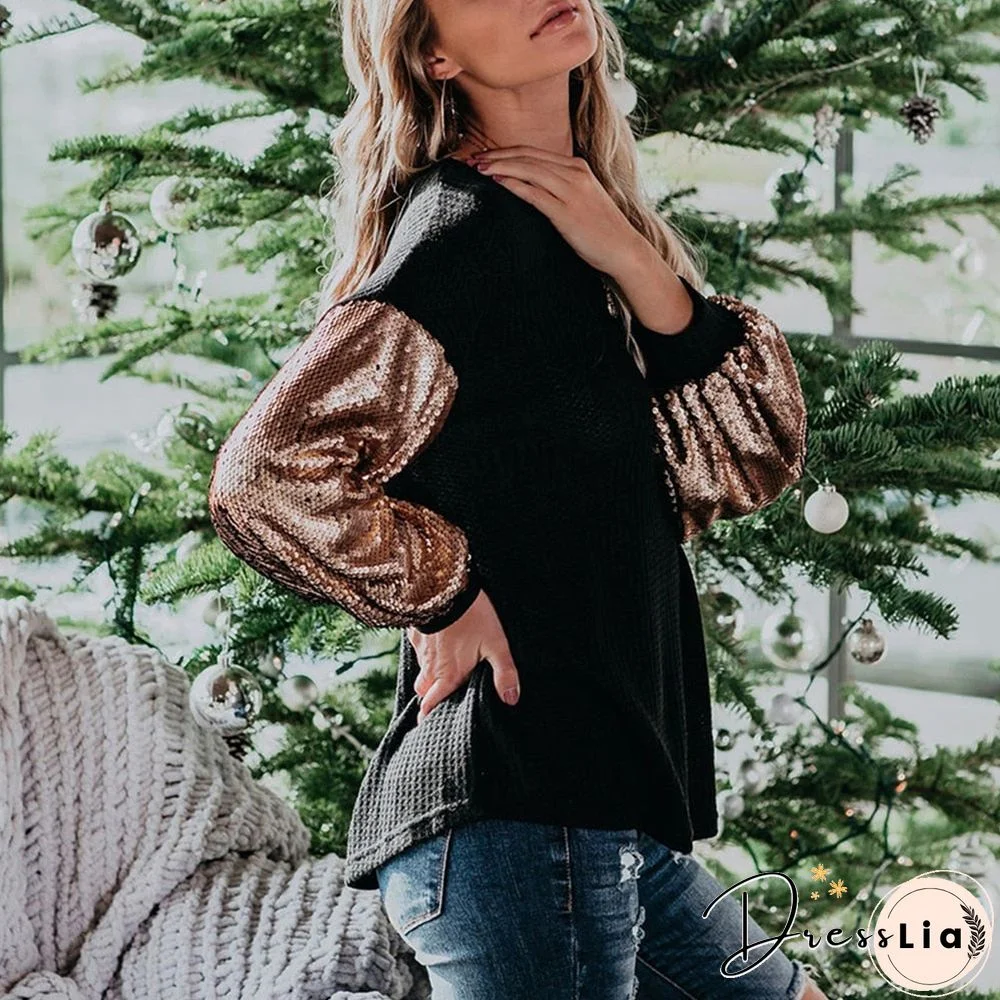 Sale Long Sleeve Ladies Top And Shirt Sequins Knitted Female Blouses Fashion Patchwork Women Blouses Tee Shirt Fall Spring D30