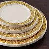10 Pack | 7" Gold Lace Rim Ivory Plastic Dessert Appetizer Plates, Disposable Salad Plates
