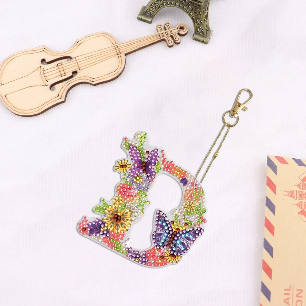 DIY D Diamond Art Key Rings Lettter Keychain Supplies Gift for Kids(Double Sided)