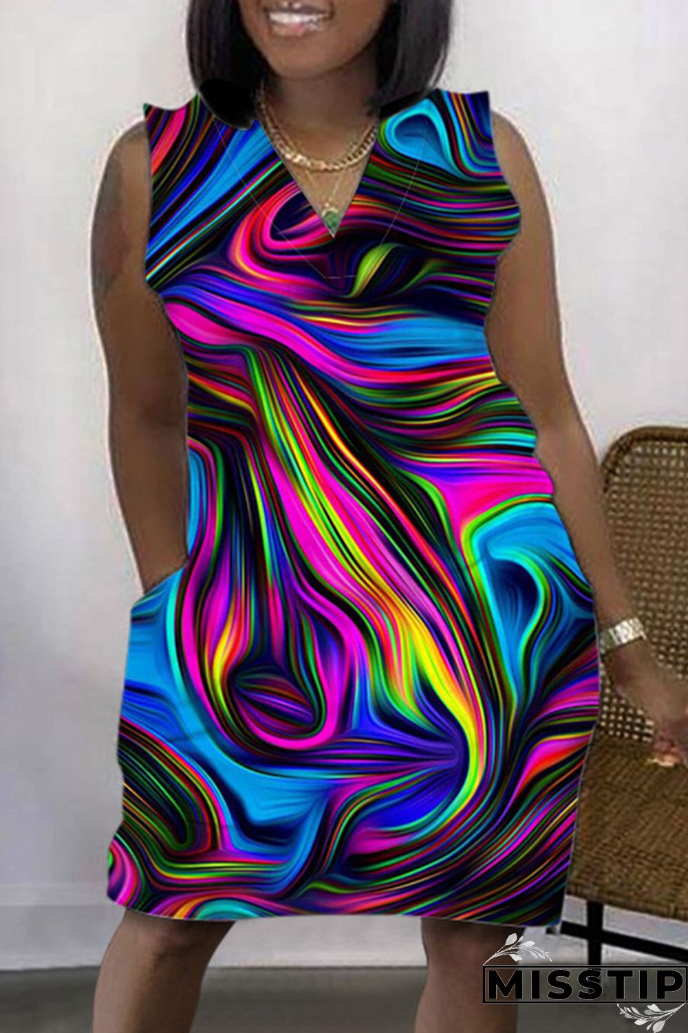 Purple Casual Print Patchwork V Neck Sleeveless Dress Dresses