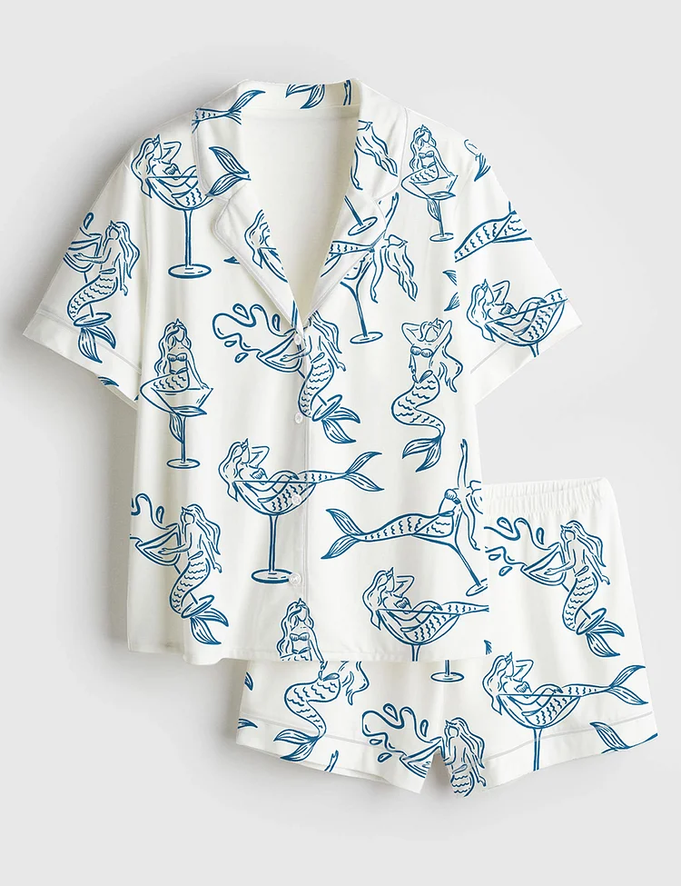 Women&rsquo;s Hand Drawn Mairmaid In Martini Girl In Martini Glass For Bachelorette Whimsical Style Print Short Sleeve Satin Pajama Set
