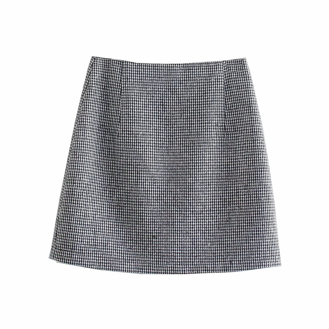Fongt Women Fashion Office Wear Plaid Print One Buttom Blazers Coat Vintage Long Sleeve Female Outerwear And Hight Waist Mini Skirt