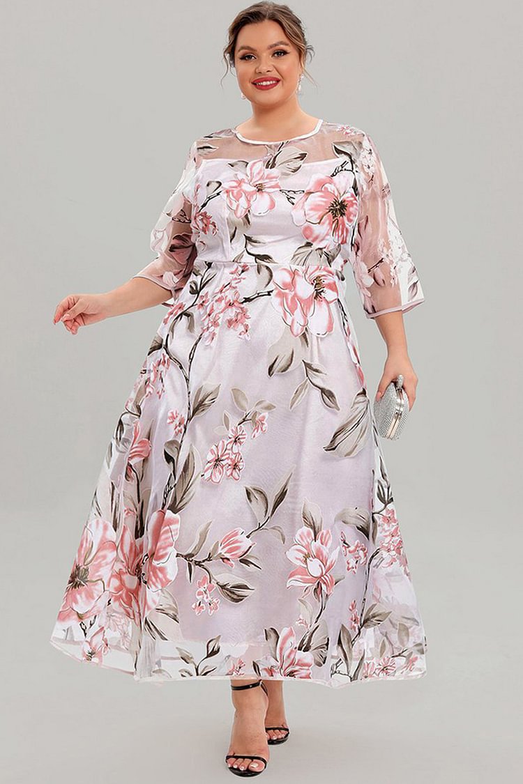 Flycurvy Plus Size Mother Of The Bride Grey Floral Print Mesh Layered A ...