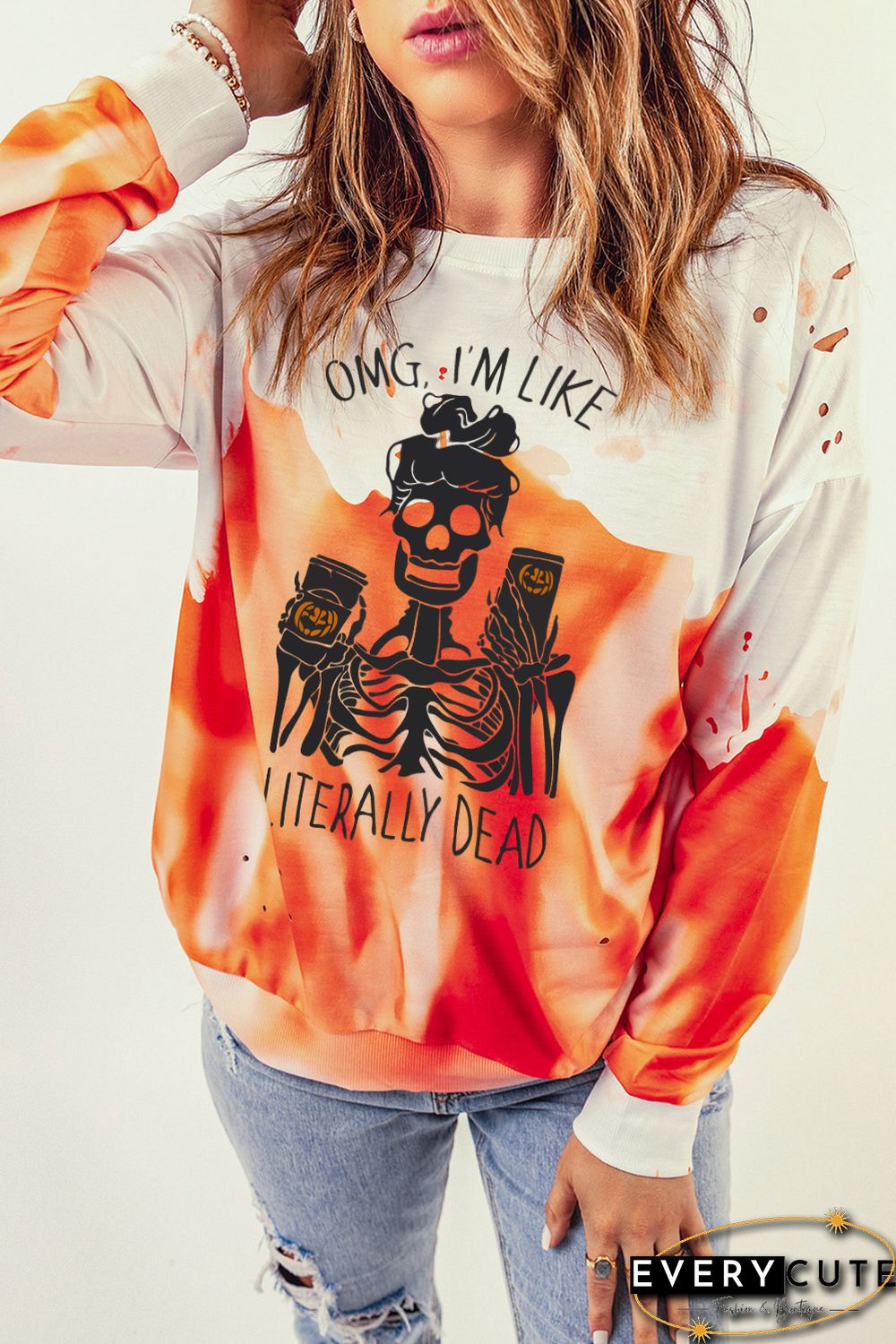 Orange Skeleton Letter Tie Dye Print Pullover Sweatshirt