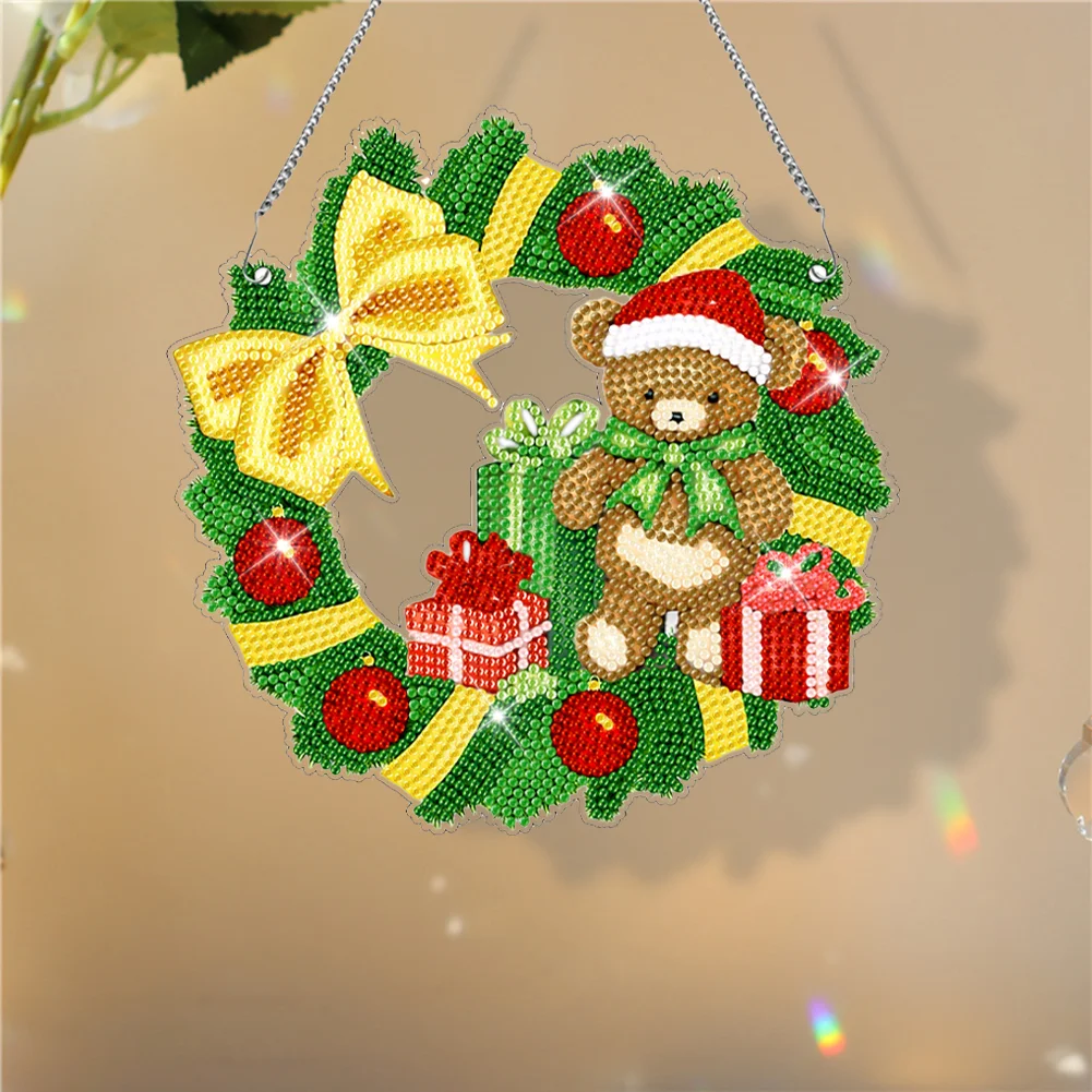 DIY Christmas Bear Wreath Acrylic Single Side Special Shaped Diamond Painting Hanging Ornament
