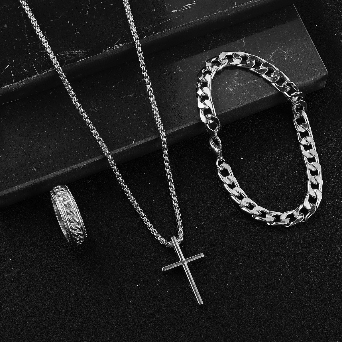 Hip Hop Cuban Chain Cross Necklace Bracelet Ring 3-Piece Set