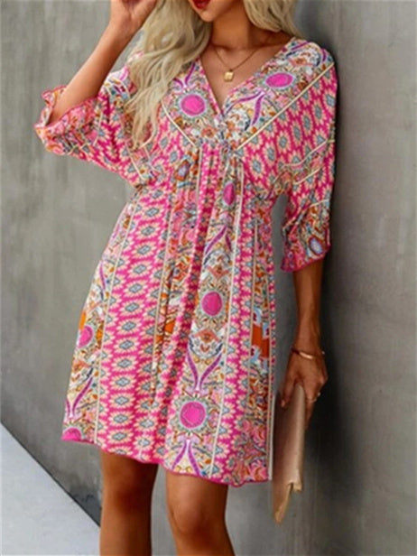 Women's Short Sleeve V-neck Floral Printed Lace-up Midi Dress