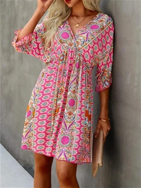 Women's Short Sleeve V-neck Floral Printed Lace-up Midi Dress