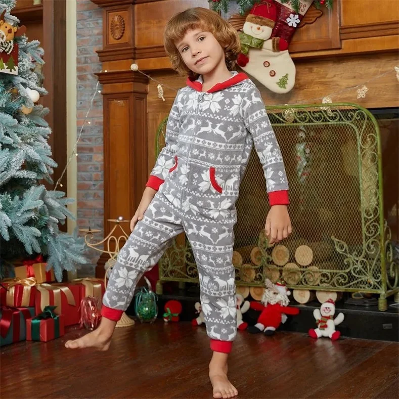 Christmas Allover Print Light Grey Family Matching Polar Fleece Thickened Long-sleeve