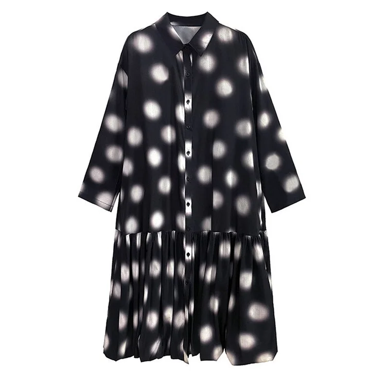 Fashion Black Lapel Dots Printed Long Sleeve Shirt Dress