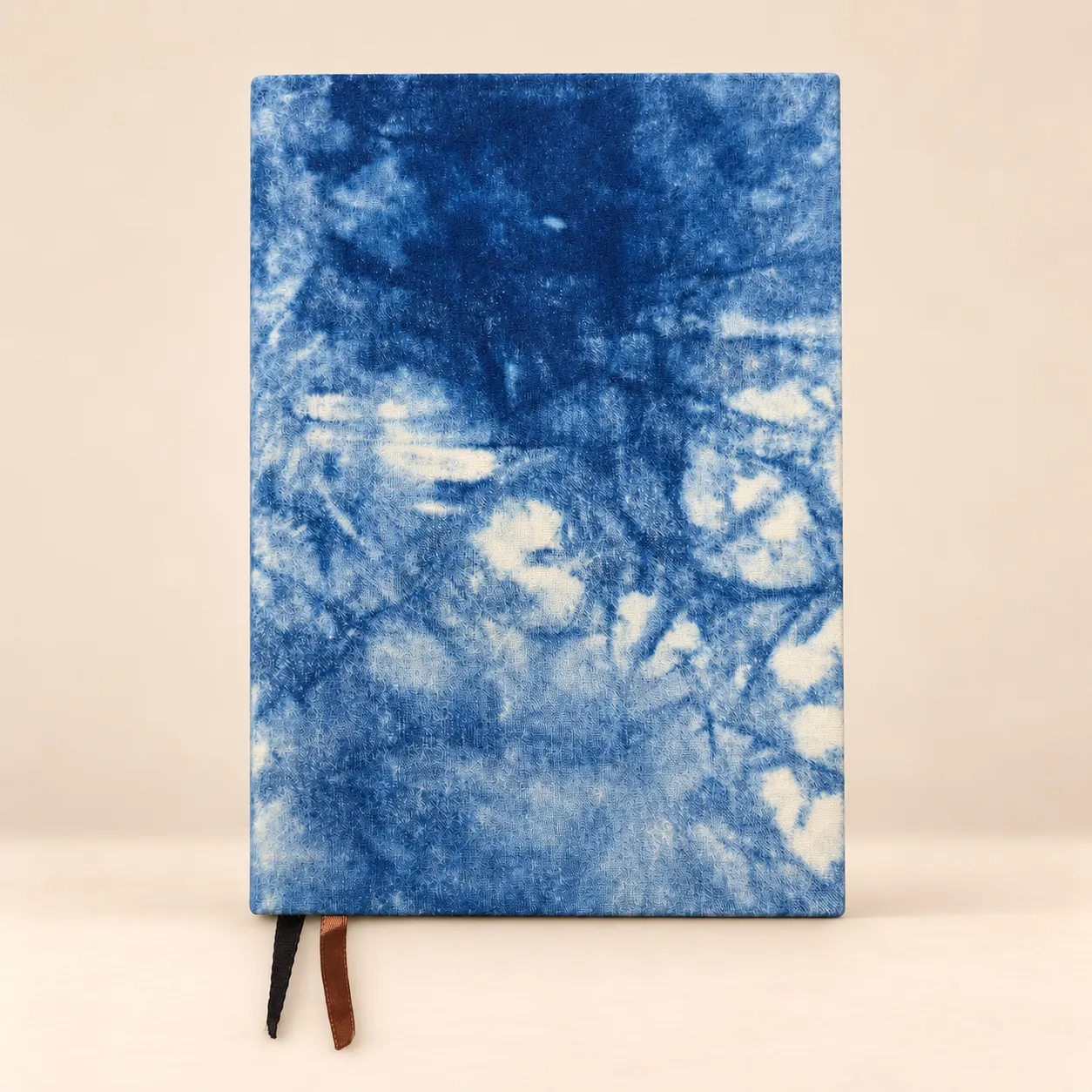Indigo Mist A5 notebook with a blue-and-white tie-dye cotton cover