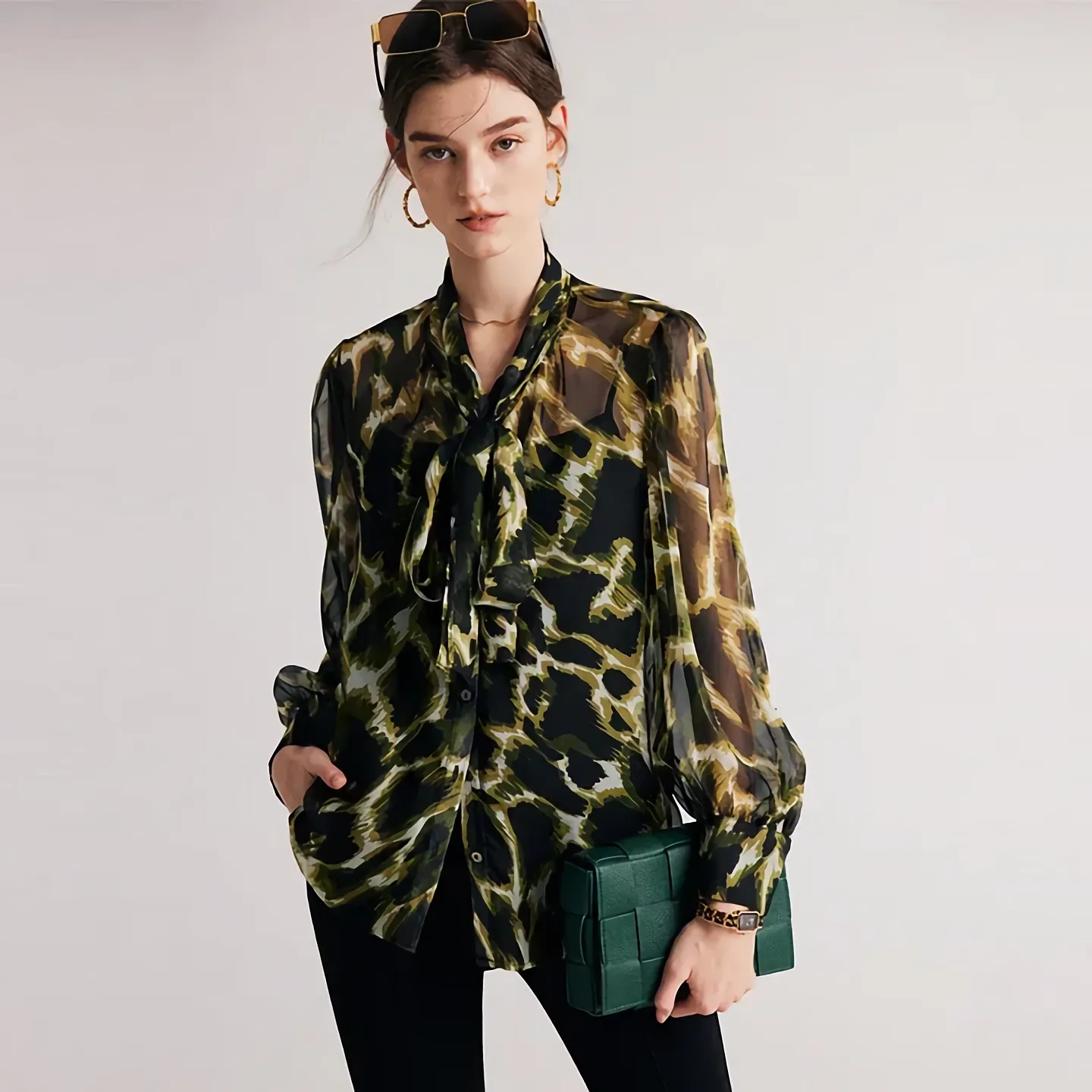 Crepe Silk Blouse Shirt Printed Green Bow-tie For Women REAL SILK LIFE