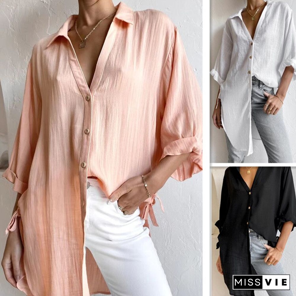 Fashion New Women's Polo Shirt Side Tie Seven-point Trumpet Sleeve Casual Solid Color Cotton And Linen Long Shirt