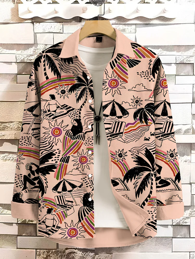 Men's Tropical Hawaiian Vacation Art Print Corduroy Long Sleeve Shirt