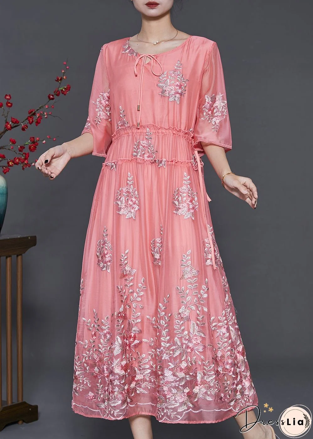 Women Pink Embroidered Silk Cinched Dress Summer