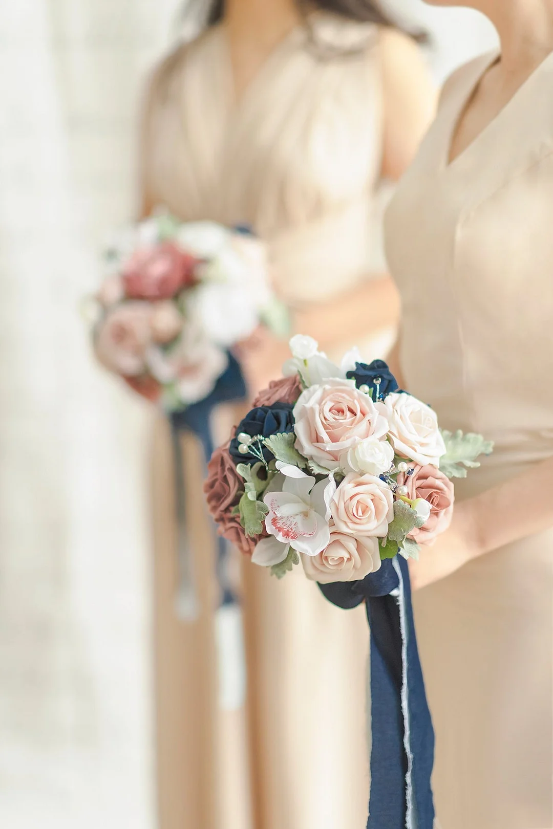 Maid of Honor & Bridesmaid Bouquets in Dusty Rose & Navy