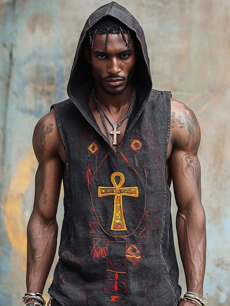 Men's Ancient Egyptian Ankh Hooded Linen Tank Top