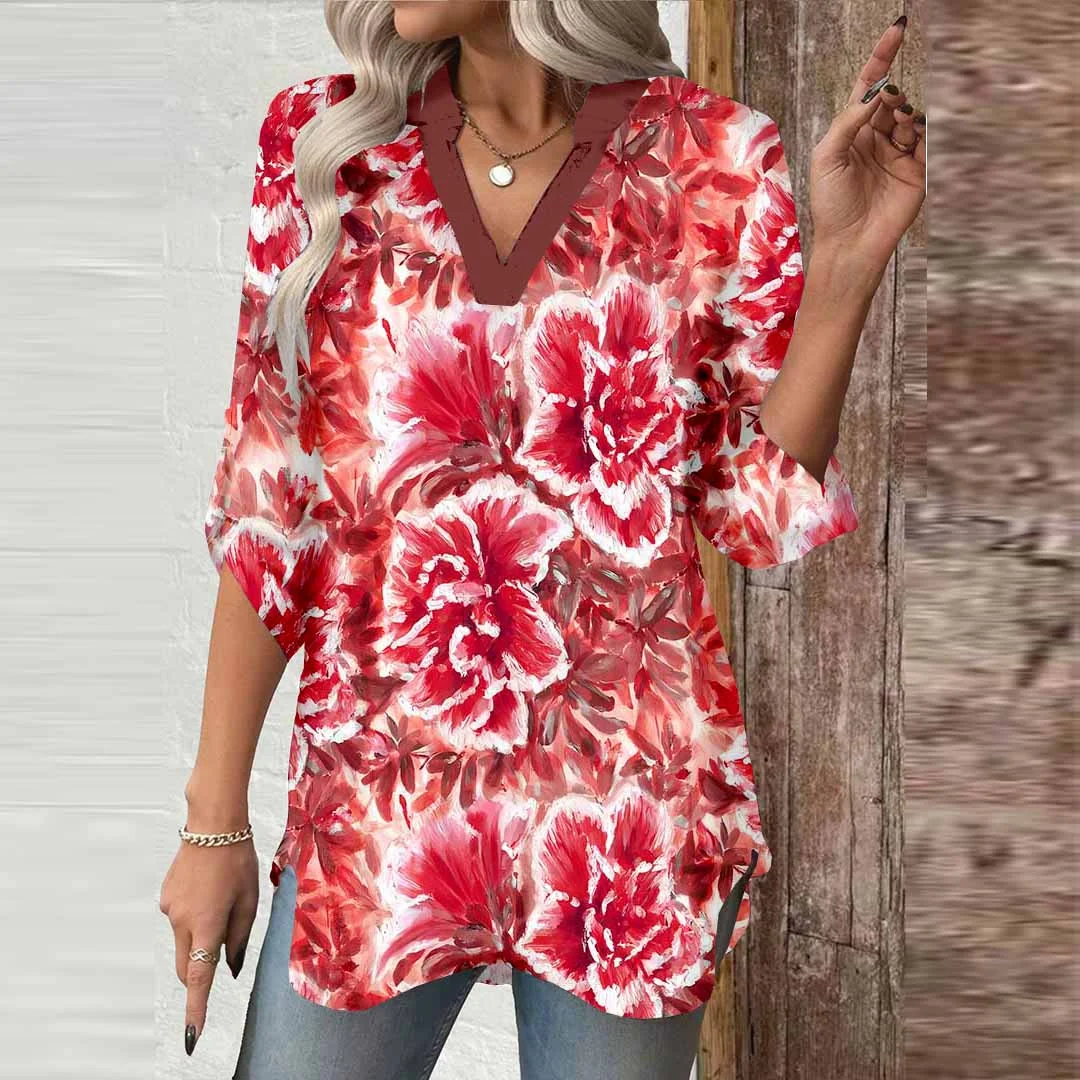 Women Floral,Red DZGA0784 3/4 Sleeve V-neck Printed Graphic Button Tops