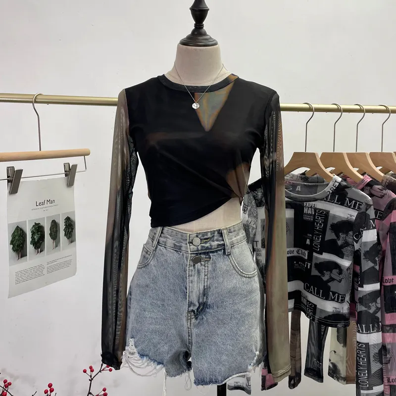 Churchf Real Shooting Front Double-Layer Tie-Dye Printing Mesh Long-Sleeved Top Short High-Waisted T-Shirt T-Shirt 8960