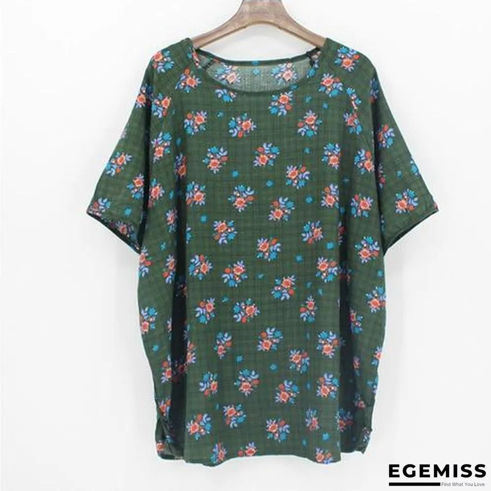 4XL Plus Size Women Batwing Casual Tops Tees Floral Print Cotton Linen Blouses | EGEMISS