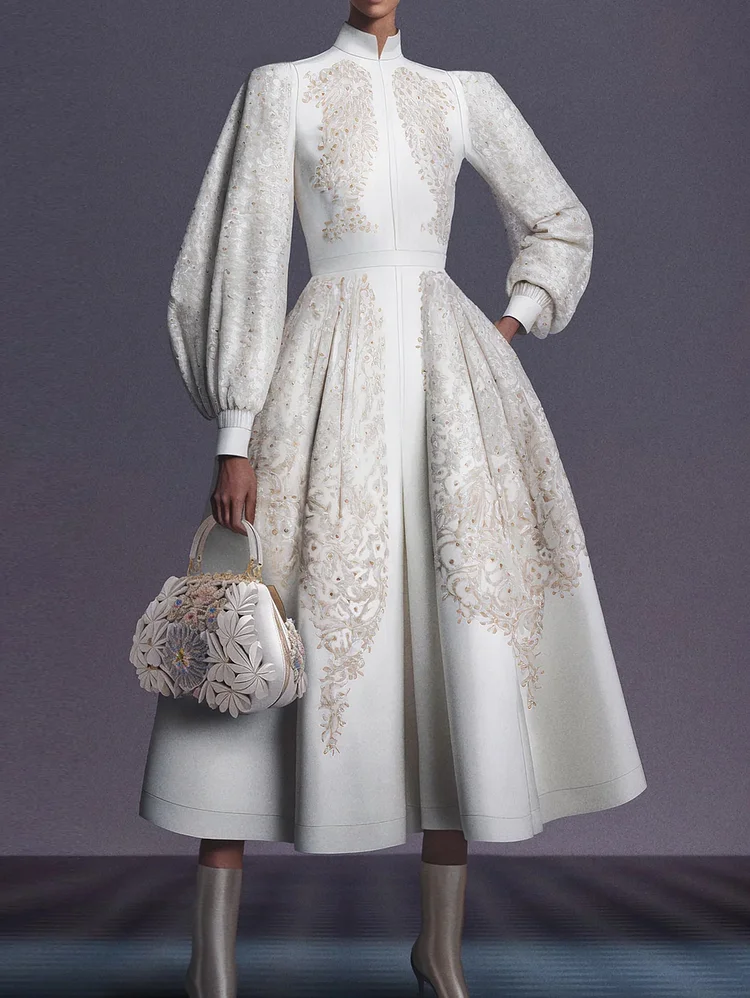 Elegant Floral Pattern Stand Collar A-Line Midi Dress