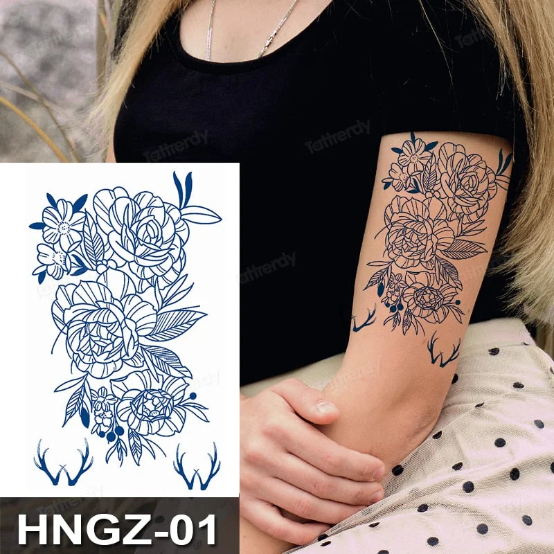 Juice Ink Tattoo Flower Rose Leaf Waterproof Temporary Bird Snake Sexy Body Arm Leg Henna Tattoo Fashion Big Fake Sleeve Sticker