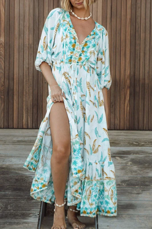 Resort style palm tree print V-neck long dress
