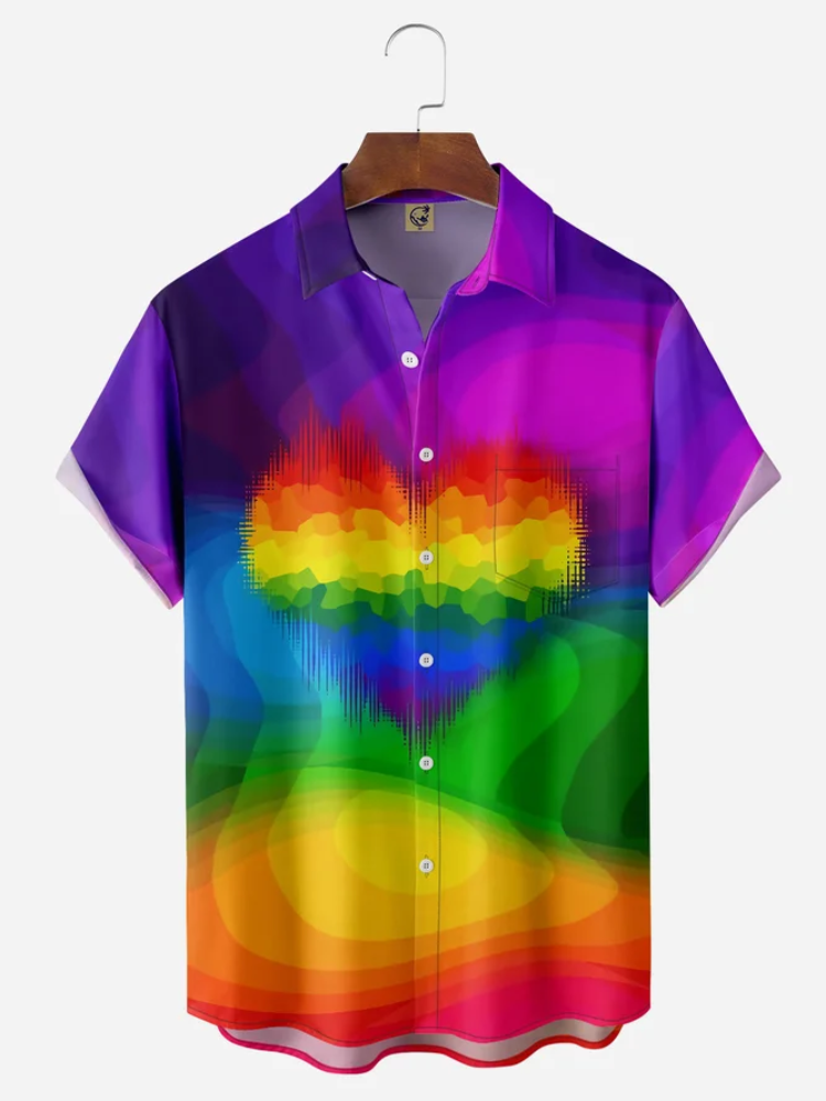 BrosWear LGBT Color Heart Chest Pocket Short Sleeve Casual Shirt