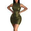 High Street Stretch Solid Color PU Mini Dress for Womens Sexy Sleeveless Short Club Dress Bodycon Matte Faux Leather Party Dress