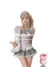 Japanese Sweet Preppy Style Skirt Set Women Kawaii Lace Patchwork Bow Tops + Y2k Plaid Mini Skirt Elegant Outifits 2 Piece Set