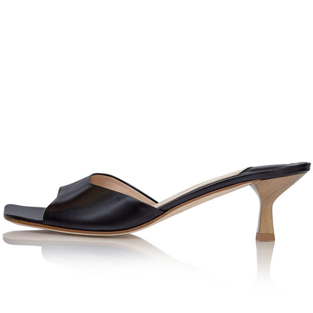 Black Square Toe Kitten Heel Wide Band Mules for Women Nicepairs