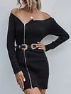 Off-The-Shoulder Solid Color Long Sleeve Zipper Sexy Slim Sweater Mini Dress