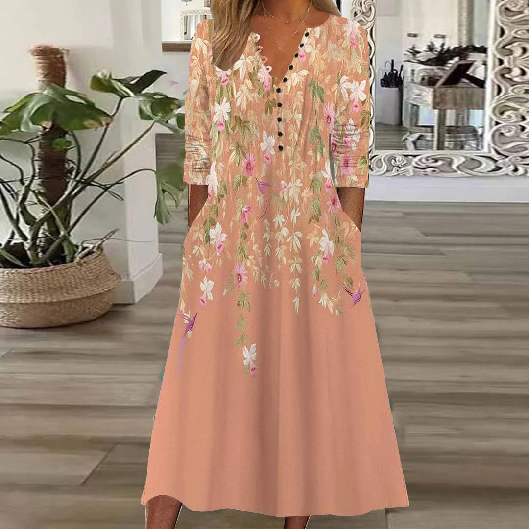 Women Floral,Orange DZHB8323 Long Sleeve V-Neck Graphic Printed Midi Dress