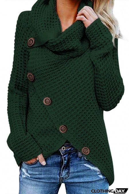 Olive Green Buttoned Wrap Turtleneck Sweater