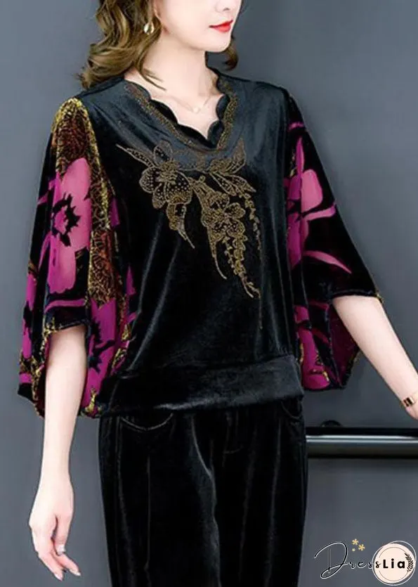 Rose Print Silk Velour Tops And Pants Two Pieces Set V Neck Batwing Sleeve