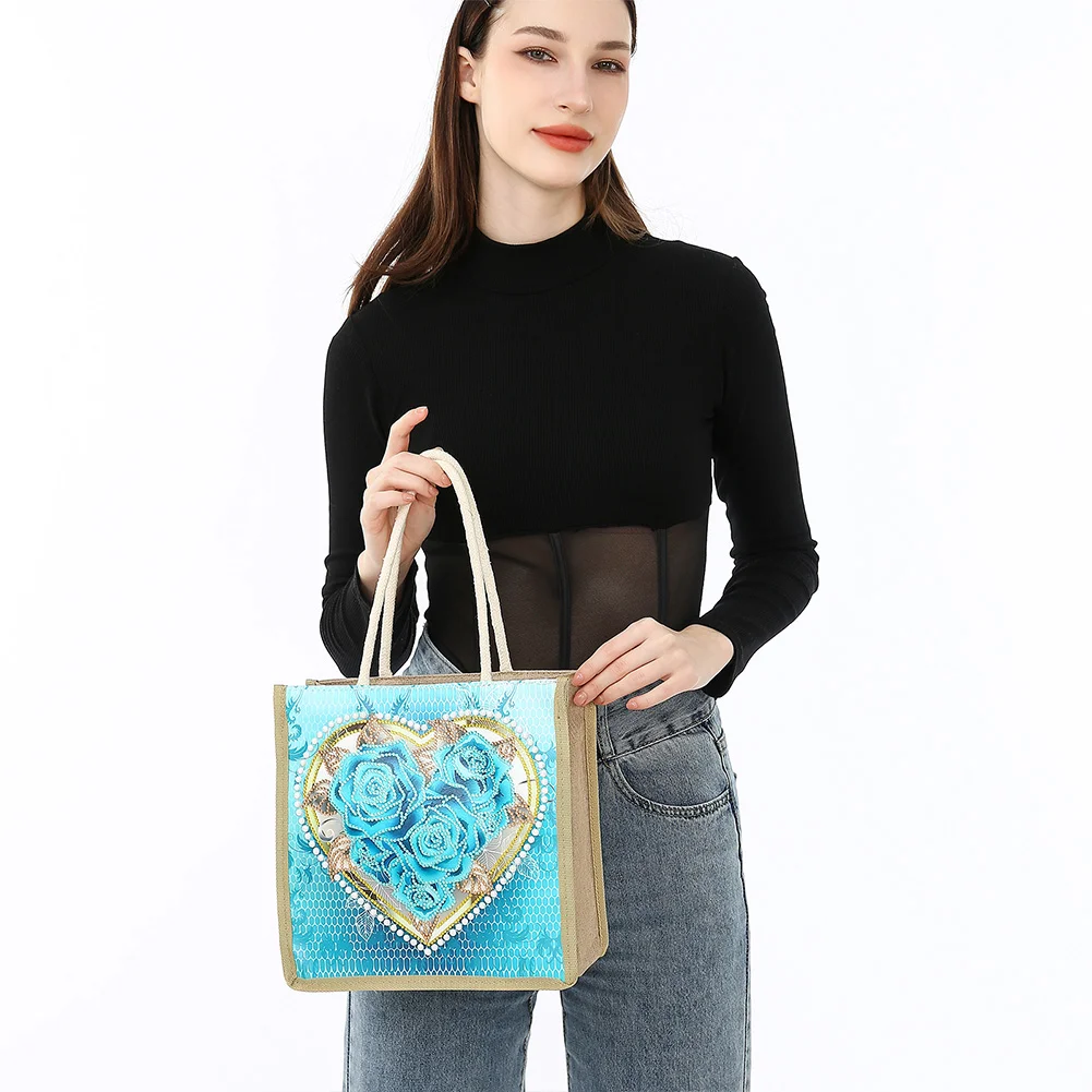 Rose Heart Diamond Painting Handbag DIY Linen Shopping Tote Bag