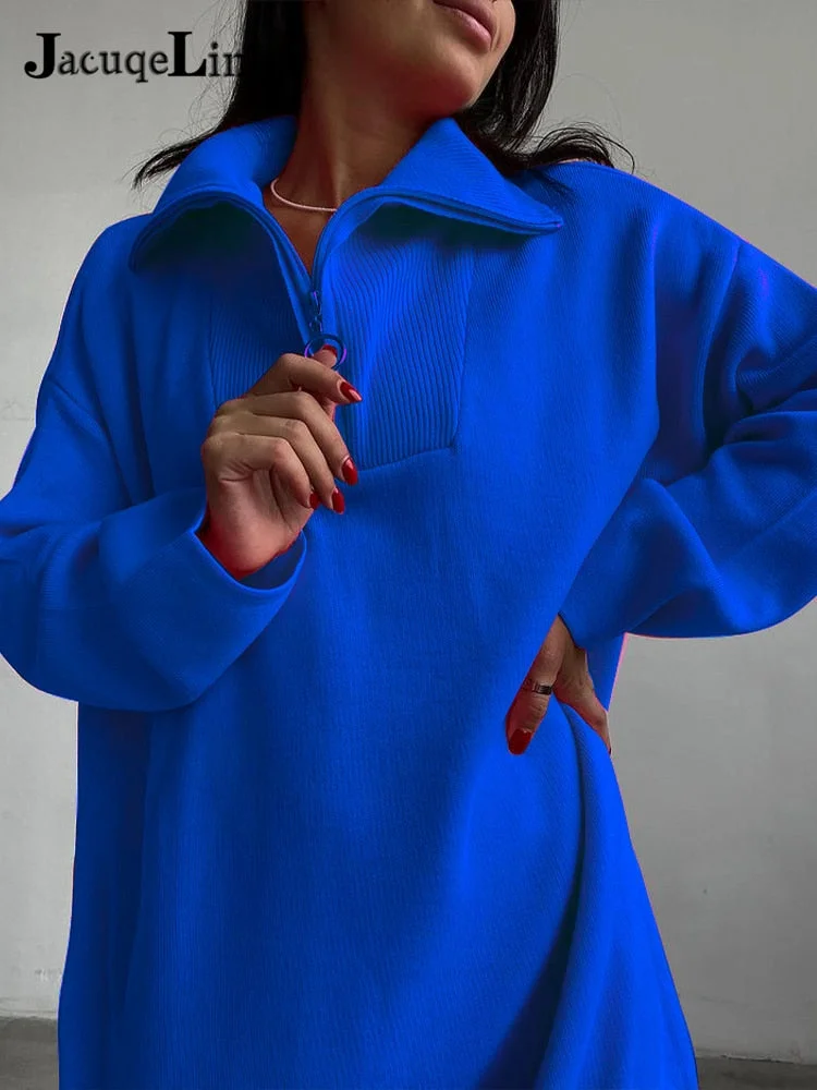 JacuqeLine 2021 Autumn Winter Zipper Mini Knitted Women's Dress Sweater Oversize Long Sleeve Y2K Top Party Woman Clothes Dresses