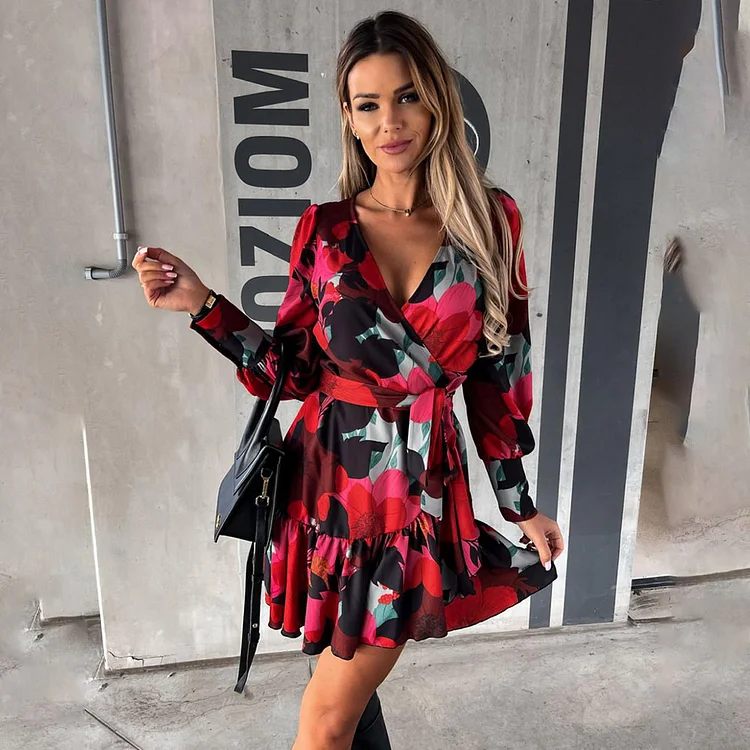 Elegant Long Sleeve Wrap Floral Fashion V Neck Tie Mini Dress